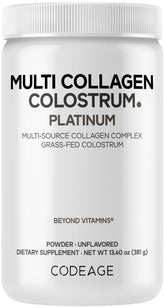 Codeage Multi Colágeno Colostro Platino en botella, apoyo diario para piel y articulaciones.