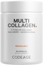 Codeage Multi Collagen: botella y etiqueta visibles, suplemento completo de colágeno para uso diario.