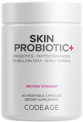 Codeage Skin Probiotics dispensado desde la botella, apoyo a la rutina diaria de la piel.