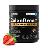 ColonBroom polvo premium fresa en vaso, apoya la digestión y la saciedad.