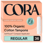 Cora tampones de algodón orgánico con empaque nuevo para mayor conveniencia.