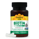 Country Life Biotina 5 mg, cápsulas en frasco. Apoya la formación de queratina para piel, cabello y uñas.