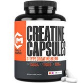 Crazy Muscle creatina en cápsulas 5 g, frasco práctico para uso diario.