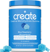 Gomitas Create de creatina monohidratada, sabor arándano azul, apoyando entrenamiento y resistencia