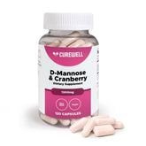 botella de cápsulas Curewell D-Mannose Cranberry 1300mg para apoyo del tracto urinario
