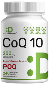 Cápsulas veganas CoQ10 PQQ de DEAL SUPPLEMENT para soporte antioxidante diario.
