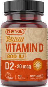 DEVA Vitamina D2 800 UI, botella para uso diario.