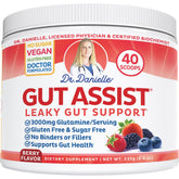 Botella de Doctor Danielle Leaky Gut Support, sabor frambuesa, apoyo digestivo diario.