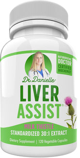 Doctor Danielle Liver Assist: botella vertiendo, apoyo diario para el hígado.