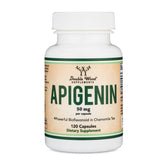 Double Wood Apigenina: cápsulas de 50 mg en botella para relajación suave.