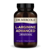 Dr. Mercola L-Arginina Avanzada en botella con cápsulas para energía diaria.