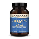 Botella de Dr. Mercola L-Theanine GABA para relajación suave.