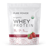 Dr. Mercola Pure Power Organic Whey, empaque fruna fresa, ideal para energía diaria.