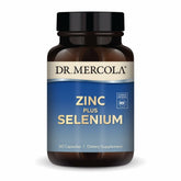 Dr. Mercola Zinc Plus Selenium, botella frontal, posible apoyo a la inmunidad diaria.