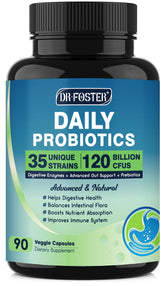 DRFOSTER probióticos 120 mil millones CFU en botella para salud intestinal.
