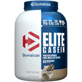 Envase de Dymatize Elite Casein con sabor Cookies y Crema, ideal para la noche.