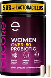 ELICORE Premium Probiotics para mujeres: cápsulas 50 mil millones CFU para soporte digestivo diario.