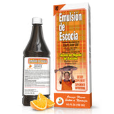 Emulsion de Escocia: botella de aceite de hígado de bacalao naranja para la familia