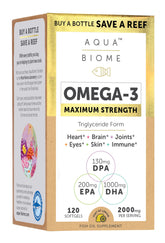 Botella de Enzymedica Aqua Biome con etiqueta; foco en Omega-3 para salud intestinal.