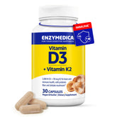 Enzymedica D3 K2: botella con cápsulas para uso diario y apoyo óseo