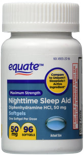 Equate ayuda para dormir 50 mg, envase de cápsulas gelatinosas, favorece el descanso nocturno.