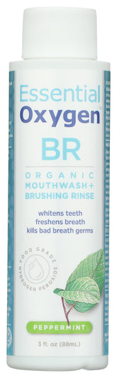 Essential Oxygen enjuague bucal con menta orgánica, botella para uso diario.