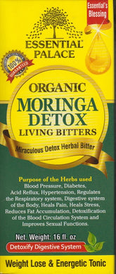 Essential Palace Moringa Orgánica amargos; botella vertiendo para ritual de bienestar diario