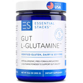 Frasco de Essential Stacks Gut L-Glutamina Powder para apoyar la salud intestinal.