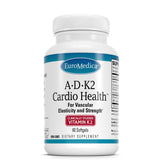 EuroMedica A•D•K2 Cardio Health: botella con cápsulas suaves para apoyar la salud cardíaca.