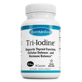 EuroMedica Tri-Iodine, frasco de cápsulas, apoyo potencial a la función tiroidea y energía diaria.