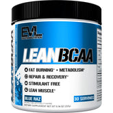EVLUTION Lean BCAA en botella frontal con etiqueta clara, ideal para recuperación posentrenamiento.