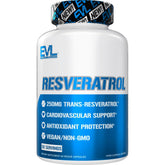 Evlution Resveratrol: bote de cápsulas de 250 mg para apoyo antioxidante diario.