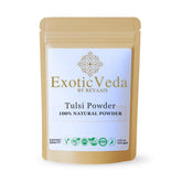 Polvo Tulsi de Exotic Veda en frasco para infusiones aromáticas.