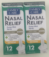 Family Care alivio nasal con bomba anti-goteo para uso rápido y cómodo.