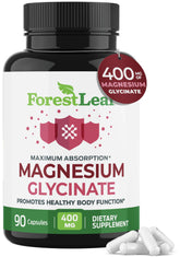 ForestLeaf magnesio glicinato 400 mg: botella visible, alta absorción para energía diaria.