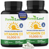 ForestLeaf Vitamina D3: frasco y cápsulas frente, posible apoyo para huesos y dientes