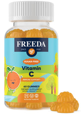 Freeda vitamina C para niños en bote, dosis diaria y sabor agradable.