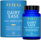 FRISKA Dairy Ease botella visible para apoyar la digestión tras lácteos.