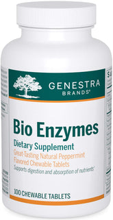 Genestra Bio Enzymes: botella de tabletas masticables para apoyo digestivo diario.