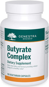 Genestra Brands Butyrate Complex cápsulas sobre fondo blanco, posible apoyo digestivo.