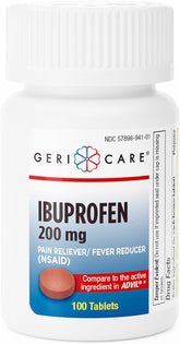GeriCare Ibuprofeno: envase de tabletas para alivio rápido en casa.