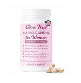 GlowTrue Ashwagandha para mujeres, frasco mostrando equilibrio diario y bienestar.