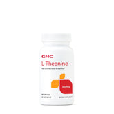 GNC L-Teanina 200 mg frente a la botella, promueve relajación para días ocupados