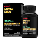 GNC Mega Men 50 Plus, empaque visible, apoyo nutricional diario para energía sostenida.