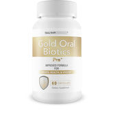 Gold Oral Biotics Pro: botella con cápsulas para uso diario y apoyo a la higiene bucal.