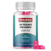 Greabby Zinc Gummies, botella frontal, apoyo diario para crecimiento e inmunidad