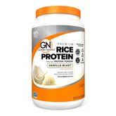 Growing Naturals proteína de arroz vainilla en lata para batidos proteicos.