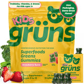 Grüns kids multivitamin gummies strawberry flavor bottle showing convenient daily nutrition for kids