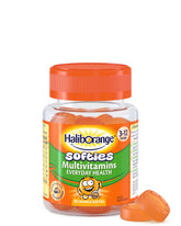 Haliborange gomitas naranja en empaque, cómodo para llevar y meriendas saludables