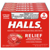 HALLS Relief fresa caja abierta muestra pastillas para la tos.
